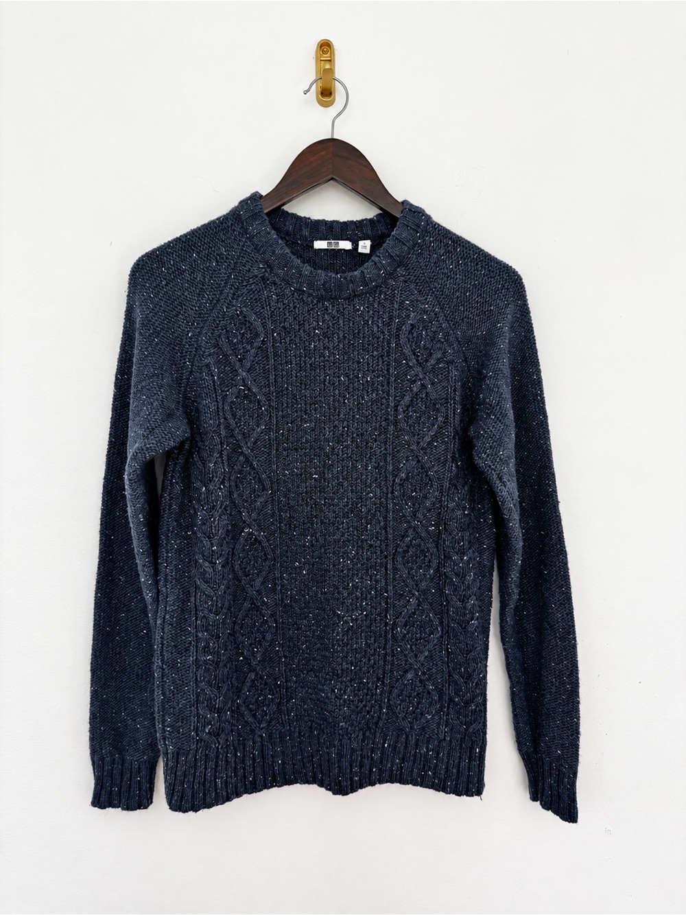 Uniqlo Mens Navy Cable Knit Wool Blend Crewneck Sweater Size Small